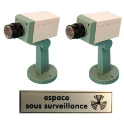 Pack 2 cameras factice motorisee voyant clignotant etiquette panneau sticker espace surveillance